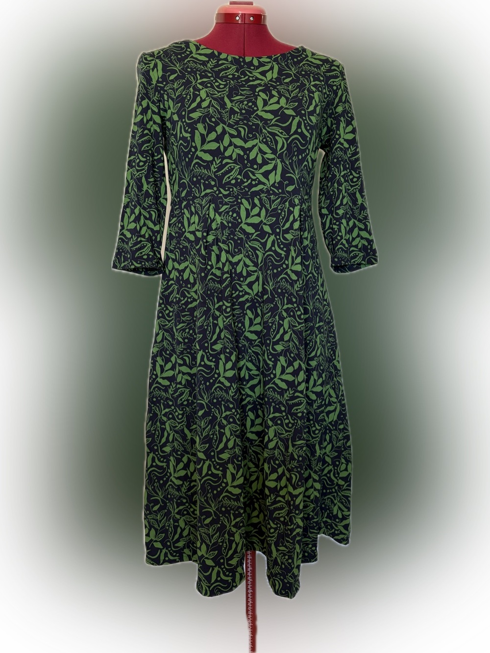 Seasalt Cornwall Veronica Midi Dress Green Navy Leaf Vine 3/4 Sleeve